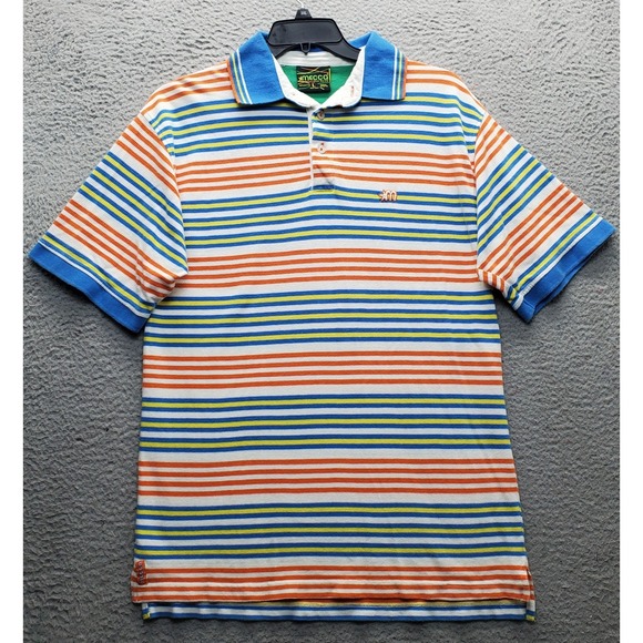 Vintage Mecca Polo Shirt Mens Large Multi Striped Performance Short Sleeve Slit - Picture 1 of 7